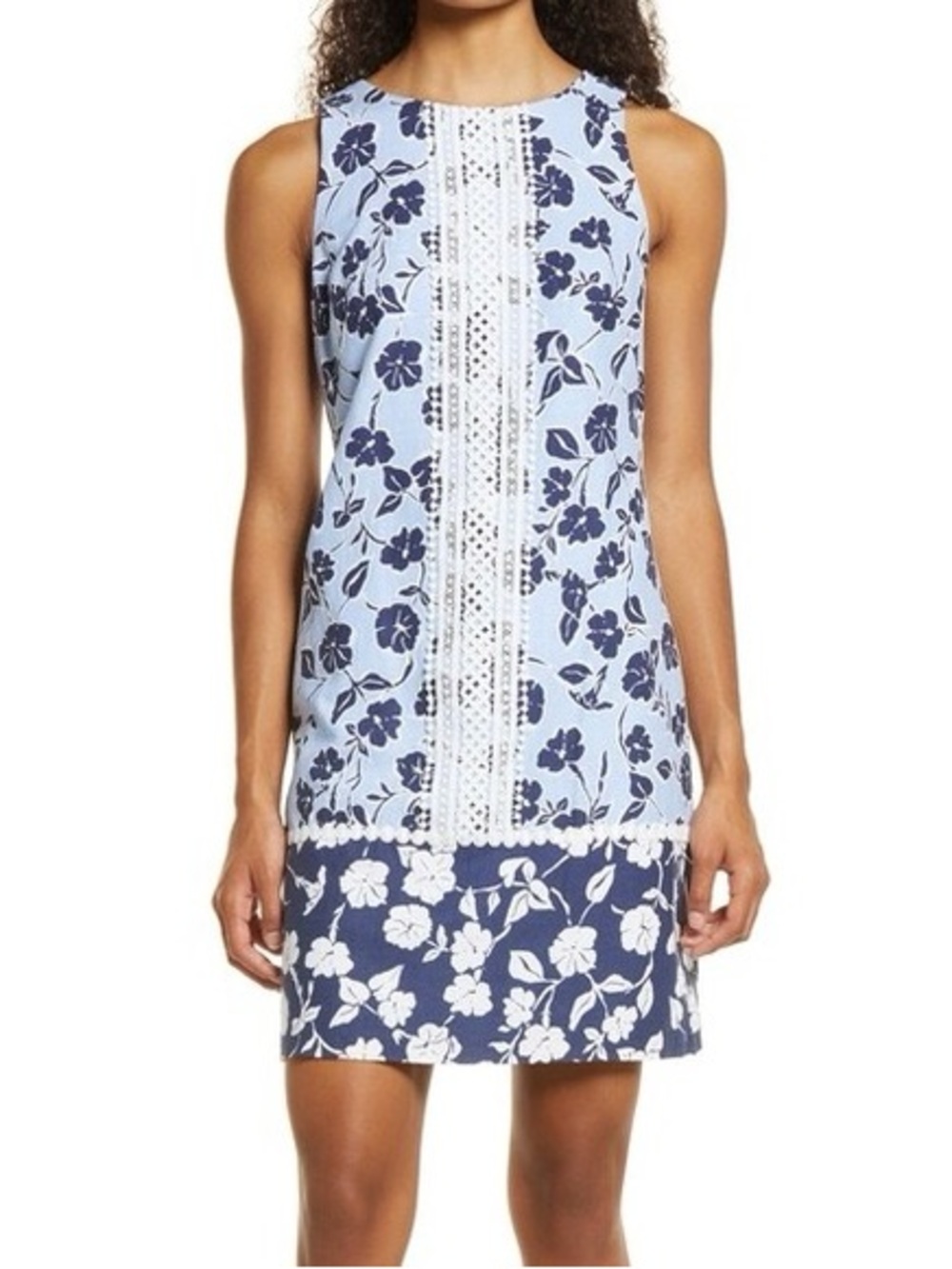 Light Blue & Navy Floral Lace Panel Shift Dress